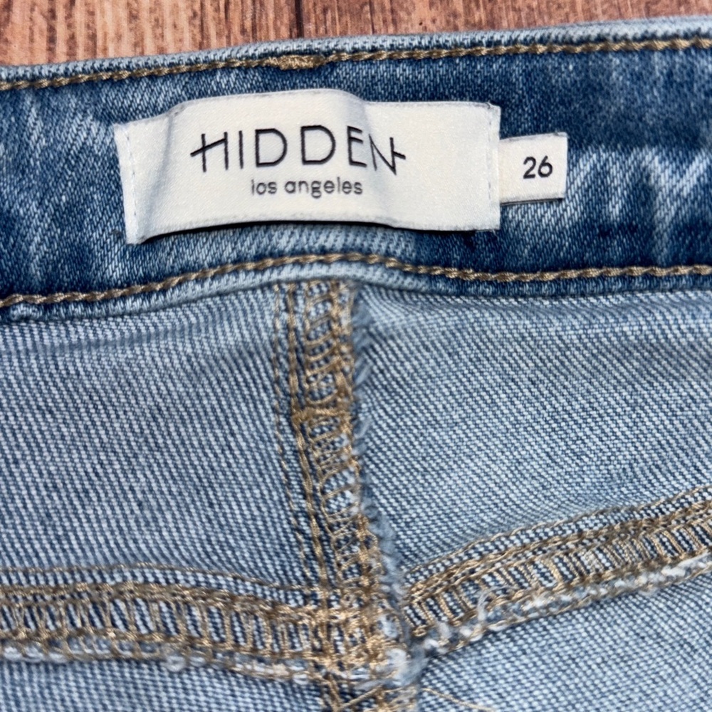 Hidden Blue Distressed Flare Jeans with Leather Patch and slit - Picture 4 of 10